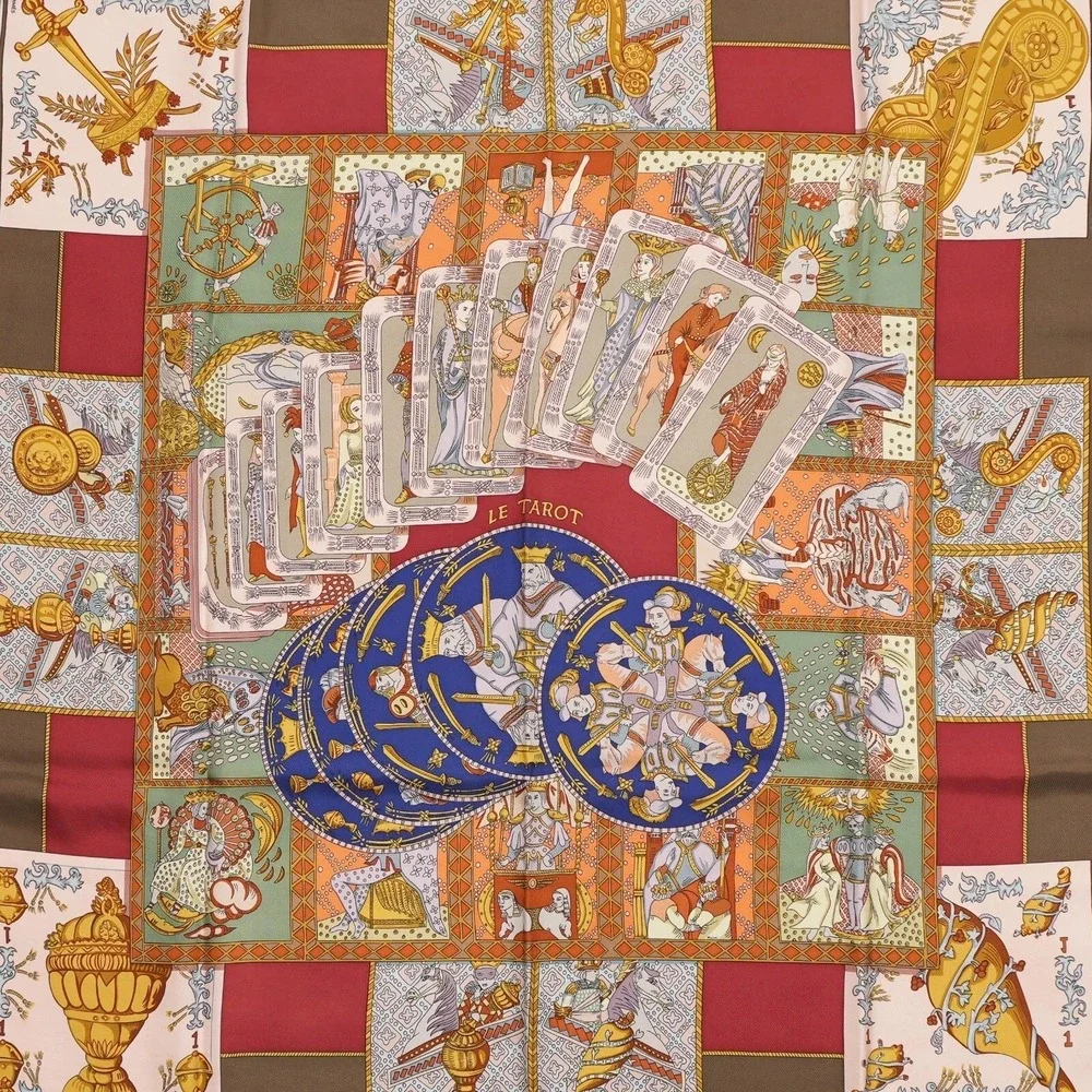 Hermès‎ Le Tarot 90cm Silk Scarf Annie Faivre Brown Gold Vintage Carre w/ Box
